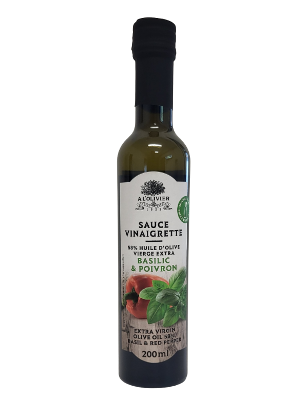 Sauce Vinaigrette Huile d'olive basilic vinaigre pulpe de poivron ail et 5 baies
