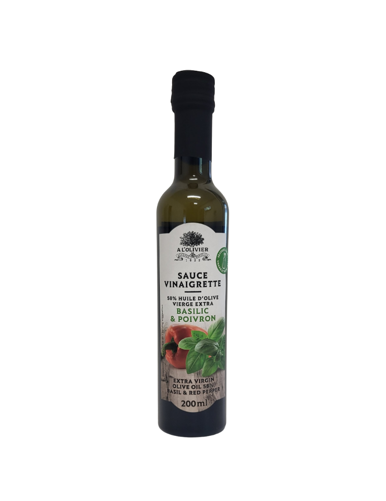 Sauce Vinaigrette Huile d'olive basilic vinaigre pulpe de poivron ail et 5 baies