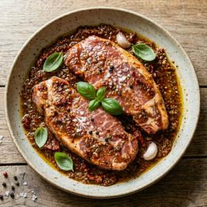 pluma de porc mariné au pesto rouge