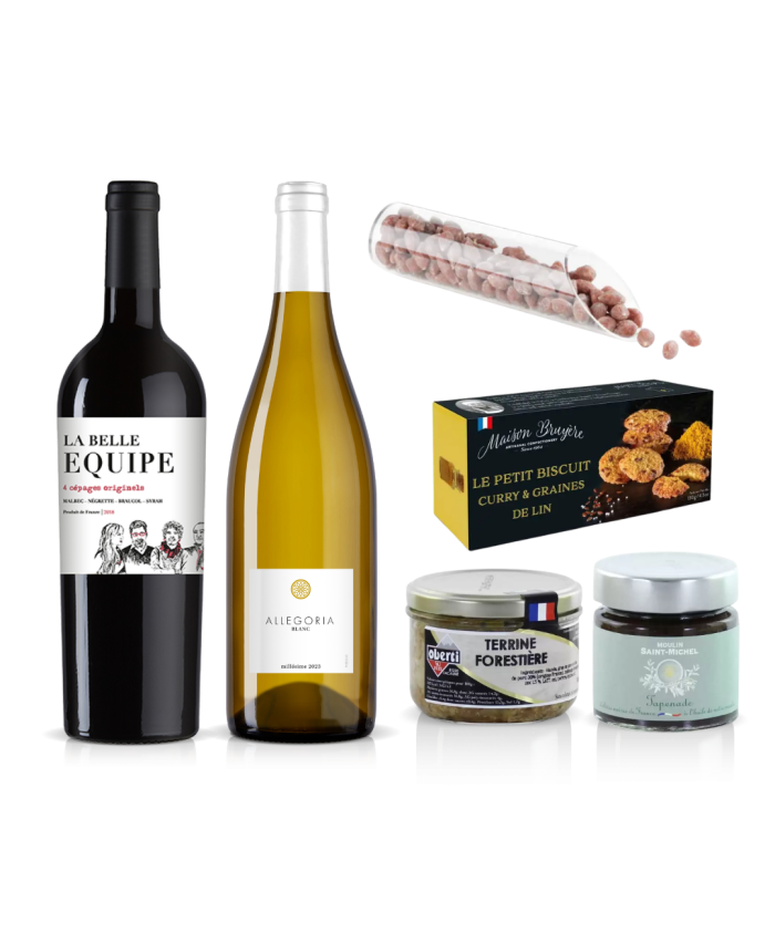 Coffret Apéro dégustation entre amis version 2 bouteilles de vins