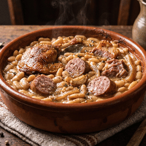 Cassoulet du Gers avec cuisse de canard et saucisse - mise en scène