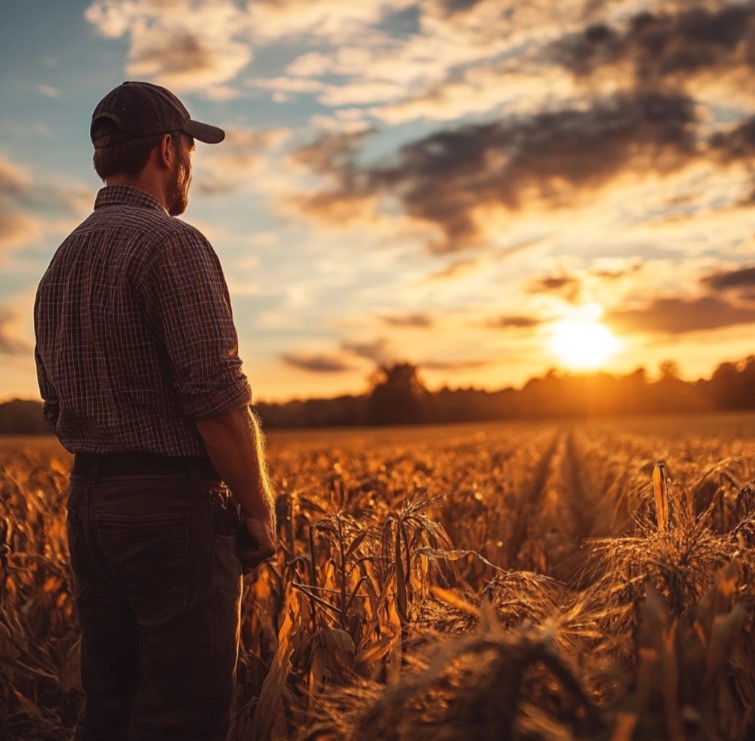 agriculteur devant un champ de blé