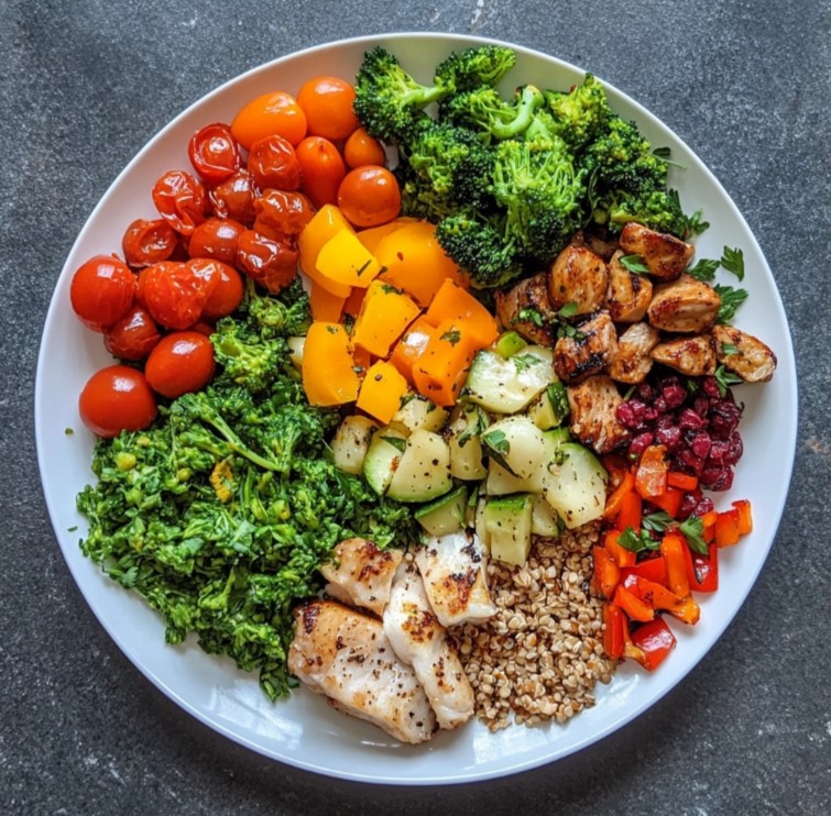 assiette avec  nourriture équilibrée