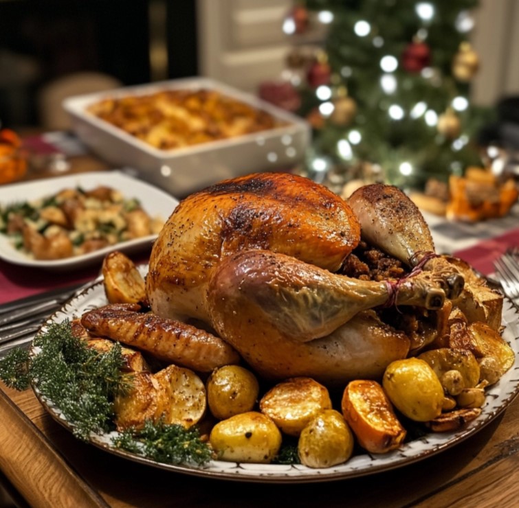 dinde cuite au four servie à noel