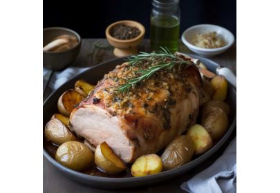 Recette du rôti de porc au four, piqué à l'ail, accompagné de pommes de